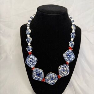 Vibrant Blue and White Statement Necklace with Ornate Focal Pieces